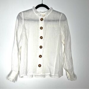 Sezane Linen Ruffled White Button-Up Blouse with Big Brown Buttons Size 36